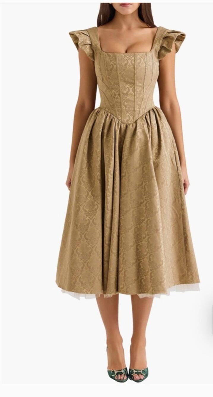 House of CB Alessandra Gold Jacquard Midi Dress with Detachable Bow Size Medium